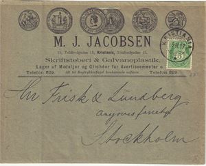 NK 67, plate II. Brev med logo stemplet "Kristiania" 09-02-1897 til Sverige.