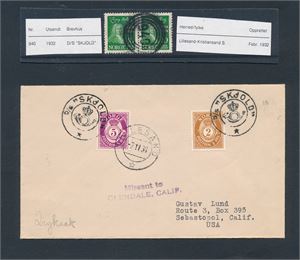 Par Nk 189 stemplet 4-rings "940" (D/S Skjold) + brev med kph "D/S SKJOLD" sidestemplet "LILLESAND 7 11 38" til USA (Grad 8)