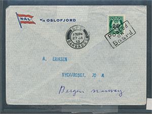 SKIP-PAQUEBOT Nk 413 på brev stemplet "POSTED ON BOARD" og sidestemplet "G.P.D. BARBADOS 27 JA 53". Brev med logo fra M/S Oslofjord. Sendt til Bergen
