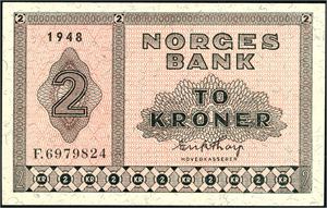 2 kroner 1948, serie F.6979824. 0/01