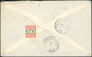One British 1d stamps on envelope, cancelled "London My 2 12" and sent to St. Croix. One 30 BIT Postage Due stamp at reverse together with "St. Thomas 18.5.1912" and arrival postmark "Frederiksted 19.5.1912". Cert. C.Aa. Møller.