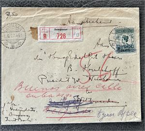 NED. INDIE Brev stemplet "DENPASAR 6.9.27" sendt verden rundt. Mange transittstempler, se bilde 2