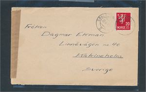 Nk 246 på brev stemplet "SØRLANDSBANEN 28-5-43" til Sverige. Sensurremse og stempel "Åpnet ved tysk sensur" bak