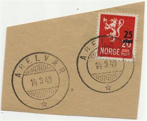 Hjelpestempel ABELVÆR (NT) HJ-SA 14 9 49 på klipp med NK 375. Meget pene avtrykk. Mindre enn 3 uker brukstid.