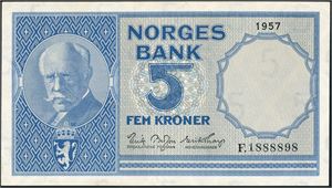 5 kroner 1957, serie F.1888898. 0