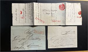 ITALIA - PREFRIM 1839 til Livorno med svart stempel, 1843 til Livorno med rødt stempel, dokument? 1700-tallet? Fra Napoli med røde stempler inkl "URGENTE"