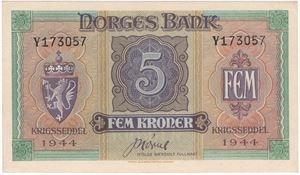 5 kroner 1944 Y.173057 London utg. Kv.0/01