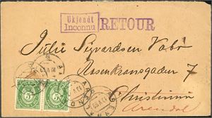 52 III. To 5 øre 20 mm på konvolutt, stemplet "Arendal 10.5.93" og sendt til Christiania, der konvolutten er stemplet "Ukjendt Inconnu" og "Retour", begge i lilla. Baksiden med ankomststempel "Kristiania Tur 1" samt linjestempel "Averteret".
