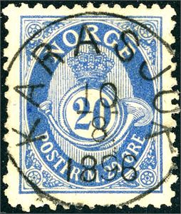 63. 20 øre grovtagget Centraltrykkeriet, pent fullstemplet med enrings "Karasjok 10.8.1896".