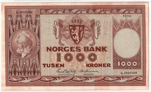 1000 kroner 1974 Erstatningsseddel. G.2008960. Gradert til 30 very fine hos PMG. SSS-seddel. Kv.1