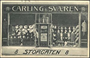Carling & Sværen, Storgata 8, Herre confektion. Sendt til USA i 1911. Hjørnebrekk som sees lite. K-2