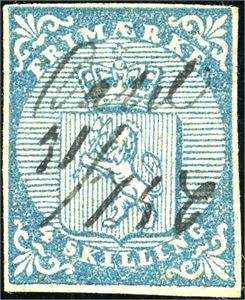 1. 4 skilling våpen 1855, anert med håndskrevet "Dahl 31/1 56". Smale marger.