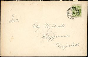 122. 20 øre Posthorn på konvolutt, anert med 4-rings "5" (jklø9 og sendt til haggrimma. Baksiden stemplet "Vatnestrøm 19.5.22". Konvoluten med noen mindre anmerkninger.