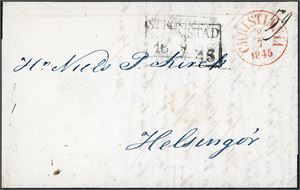 Komplett brev, stemplet "Christiania 8.7.1845" i rødt og sendt til Helsingør, Danmark. Ved siden stemplet "Strømstad ".