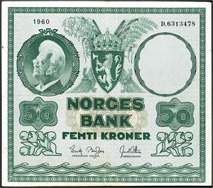 50 kroner 1960, serie D.6313478. 2