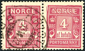 P 9 Yb. 4 øre "at betale" fra Knudsen i horisontalt par, der høyre merke har variant "Bokstavene i Norge er sterkt oppgraverte". Lettstemplet "Kristiania P.P".