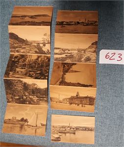 KRISTIANSAND 10 ubrukte kort, antagelig fra kortmappe. Delvis sammenhengende. Ingen produsent. Medfølger 4 kort fra Farsund, usolgt på auksjon 95