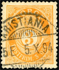 56 B. 3 øre Centraltrykkeriet, tagget 13 1/2 * 12 1/2, stemplet "Kristiania 5.10.94". To korte tagger nede. Attest Enger.