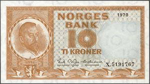 10 kroner 1970, serie X.5191767. Erstatningsseddel. 0