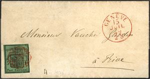 5. Switzerland. 5 c "Grosser Adler" 1848 on a small letter, cancelled with a red postmark, and "Geneve 15 juil 49" at side. Some minor faults according to certificate Eichele (2014). (€ 6000).