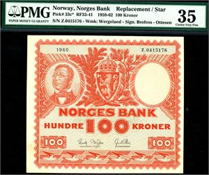 100 kroner 1960, serie Z.0415176. Erstatningsseddel. PMG 35