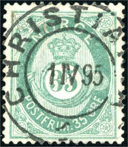 29 a. 35 øre skravert Posthorn i sjøgrønn nyanse, vakkert stemplet "Christiania 1.4.95".