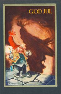 KUNSTNERKORT-AUKRUST Nisse som blir skremt av egen skygge. Nyere trykning (Oppi 7260/14). Brukt 1961