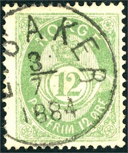 44. 12 øre mattgrønn, stemplet "Blaker 3.7.1884".
