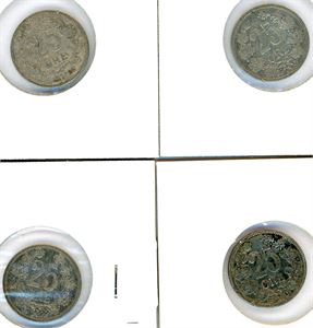 Ni stk norske 25 ører i sølv: 1876, 96, 98, 99, 1900-02, 04 og 1909. VK