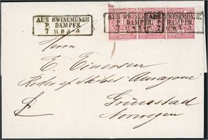 4. Norddeutscher Postbezirk. 1 Gr in a horizontal strip ogf three, on a complete letter from 1869 to Grimstad, Norway, cancelled with box postmark "Aus Swinemunde P. Dampes 7.10".