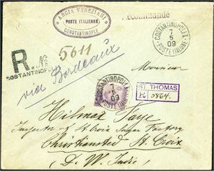 One Italian 50 L on envelope, cancelled "Constantinople Poste Italiane 7 5 09" and sent as a registered letter to St. Croix. On St. Thomas has the envelope got a new postmark "St.Thomas R 5864" in lillac.