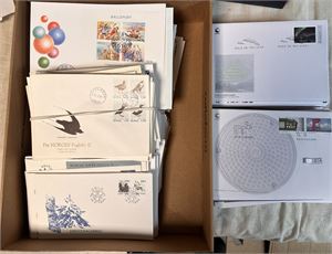 FDC 398 stk, mange temmelig nye, 68 med alternative logoer, vekt 3 kilo