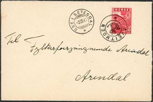 335. 20 øre London på konvolutt, anert med KPH "Tveitmoen" (AA, 7 pkt), og ved siden stemplet "Ose i Setesdalen 3.8.45".