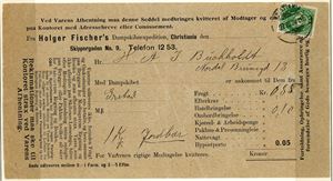 76. 5 øre fintagget Knudsen på privat "Utleveringsseddel" fra Dampskipsexpedition Holger Fischer, Christiania, stemplet "Christiania 27.7.04".