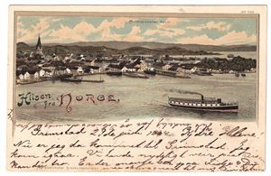 HILSEN FRA NORGE (A/S Brevkortautomaten). Viser Christianssands Havn, udelt bakside, postsendt 1901, frimerket tatt av