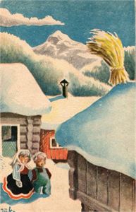 Postkort.  Aukrust, Barn studerer julenek