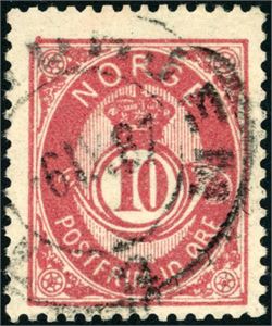 53 IIc. 10 øre 20 mm på papir fra Lyche, variant "Avskåret øvre, høyre hjørne". Vm.st.2. Stemplet "Trondhjem". Attest.
