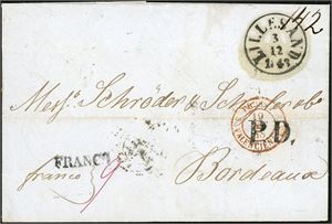 Komplett betalt brev, stemplet "Lillesand 3.12.1849" i svart og sendt til Bordeaux. "Prusse Valenciennes" stemplet på forsiden, og baksiden med "Strømstad", to "Hamburg"-stempler samt ankomststempel.