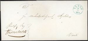 Brevomslag, stemplet "Vadsø 26.10.1853" i blått og sendt portofritt til Vardø. Luksus.