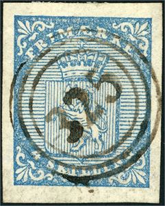 1. 4 skilling våpen 1855, anert med nummerstempel "325" (Urskoug, AK, 9 pkt). Gode marger.