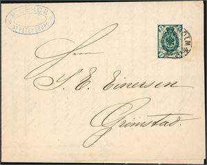 30 Aa. Russia. 2 Kop on complete printed matter from St. Petersburg, cancelled "Stockholm 12.8.1884" and sent to Grimstad, Norway.