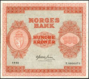 100 kroner 1945, serie Z.8006473. Erstatningsseddel. 8-mill. 1