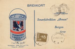 IV-860 IV-860 FYLINGSNES (HO/6) på bestillingskort for Smørfabrikken Ørnen, sidestemplet BERGEN 2 TUR 22.3.34.