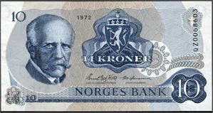 10 kroner 1972, serie QZ 0068603. Erstatningsseddel. 0