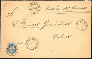 40 II. 20 øre blå på bankokonvolutt (Kr 100,-), pent stemplet "Værnes 10.5.84", og ved siden "Christianssund 11.5.1884" og "Mold 15.5.1884".