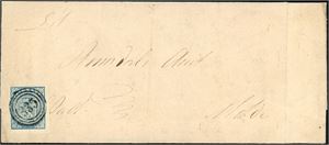 1. 4 skilling våpen 1855 på komplett brev (men omslaget er noe beskåret), annullert med nummerstempel "335" (Veblungsnæs, MR, 5 pkt)) og på baksiden håndskrevet "Vablungsnæs 19/3-57". Merket med to meget gode marger og to smale.