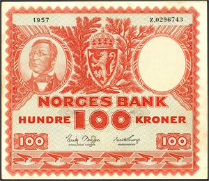 100 kroner 1957, serie Z.0296743. Erstatningsseddel. 1