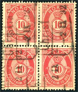 53 VI. 10 øre 20 mm i 4-blokk, stemplet "Christiania 2.9.92".
