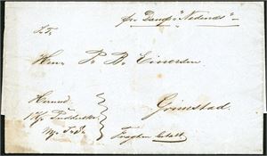 Komplett brev, datert Arendal 25. Januar 1860 og sendt portofritt til Grimstad. Påskrevet "pr Damps "Nedenæs"".