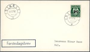 413. 20 øre på 15 øre posthorn på konvolutt, stemplet "Ustaoset 18.11.52". (1.800,-).